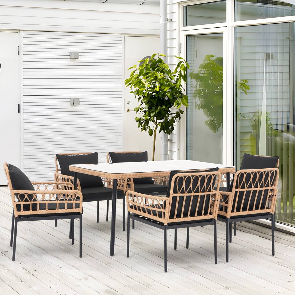 Outdoor 7 Pieces Wicker Dining Set with Cushion