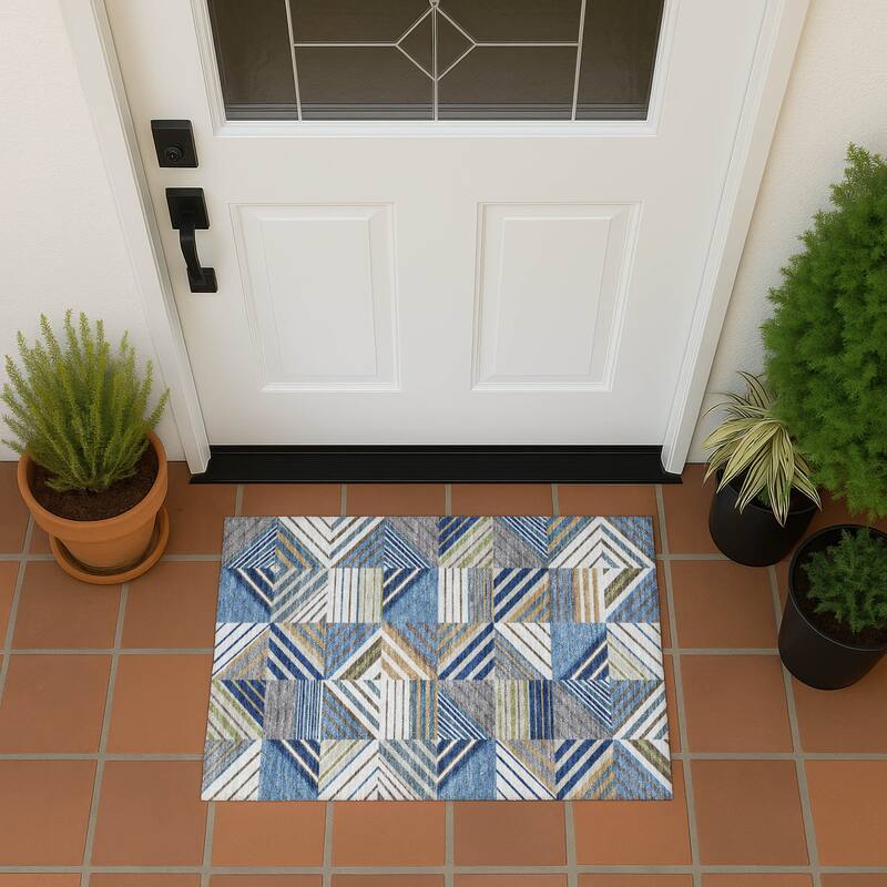 Machine Washable Indoor/ Outdoor Geo Mosaic Chantille Rug - Denim - 1'8" x 2'6"