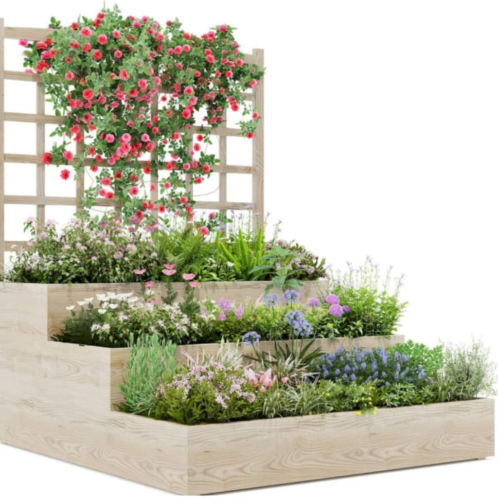 Three-tier vertical wooden planter with trellis - for climbing plants, vegetables and herbs, open base