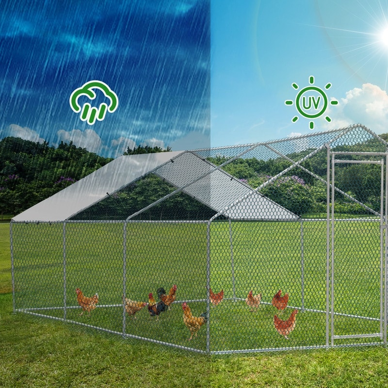 19.5x9.8x6.6ft Metal Walking-in Chicken Coop with180g PE Weatherproof Cover Cover, Silver Peaked Roof