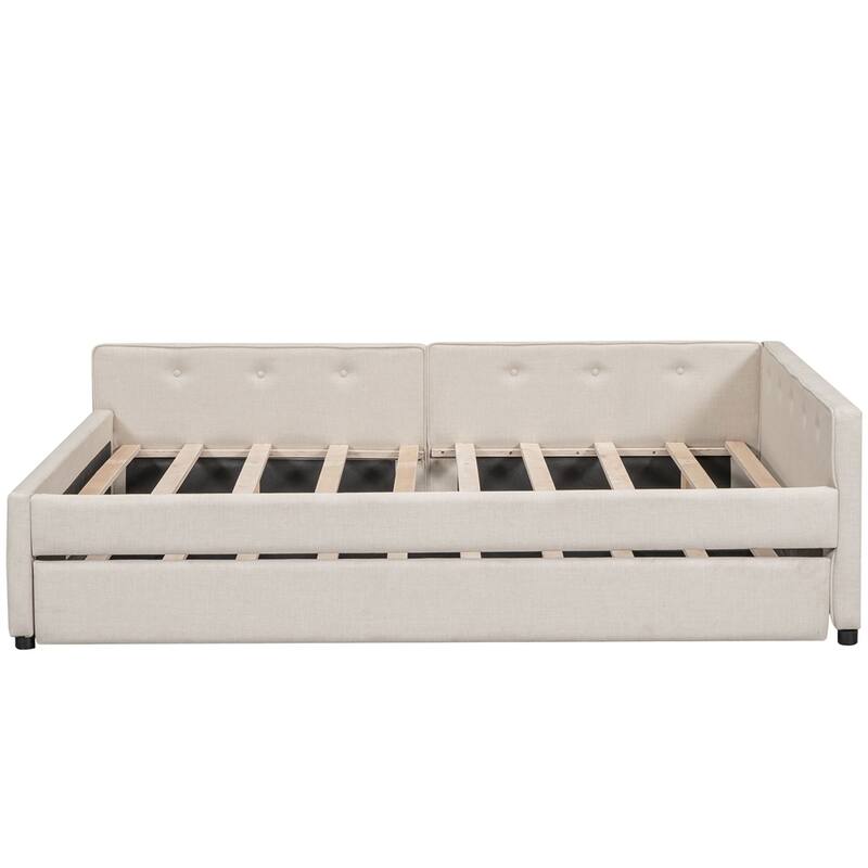 Full Size Upholstered Platform Bed with USB & Twin Size Trundle, Beige
