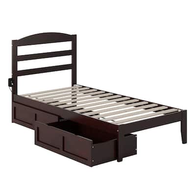 Twin Platform Bed with Storage & Charging - Solid Wood Espresso Finish