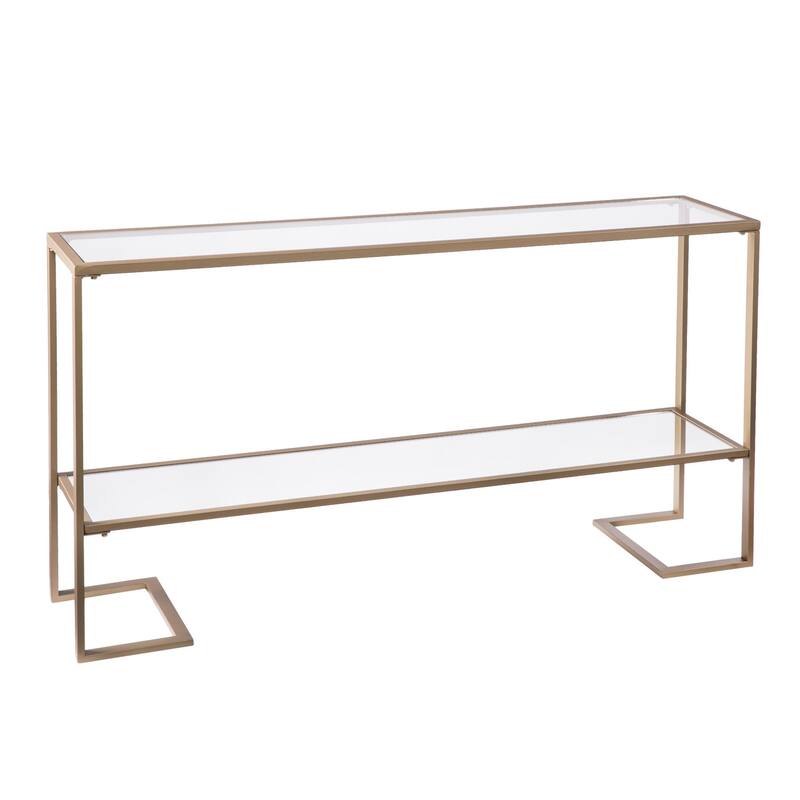 Clear Glass Gold Metal Console Table and Rectangular Sled Base with Shelves - 52” L x 12” W x 29” H