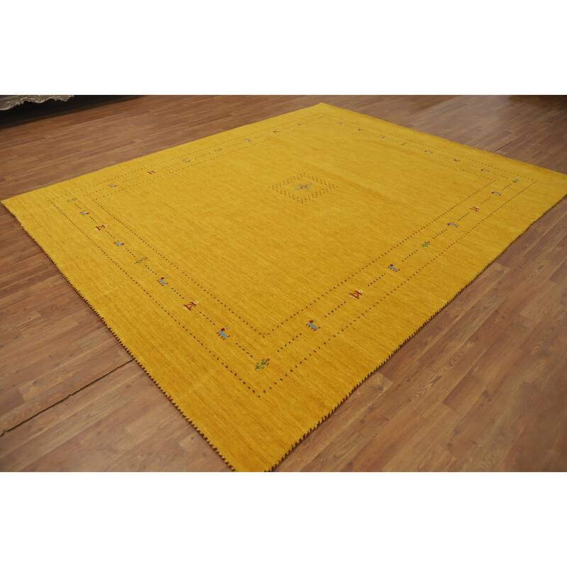 Hand Knotted Oriental 100% Wool Carpet Tribal Animal Pictorial Yellow & Gold Gabbeh Area Rug - 9' 9'' X 8' 0''