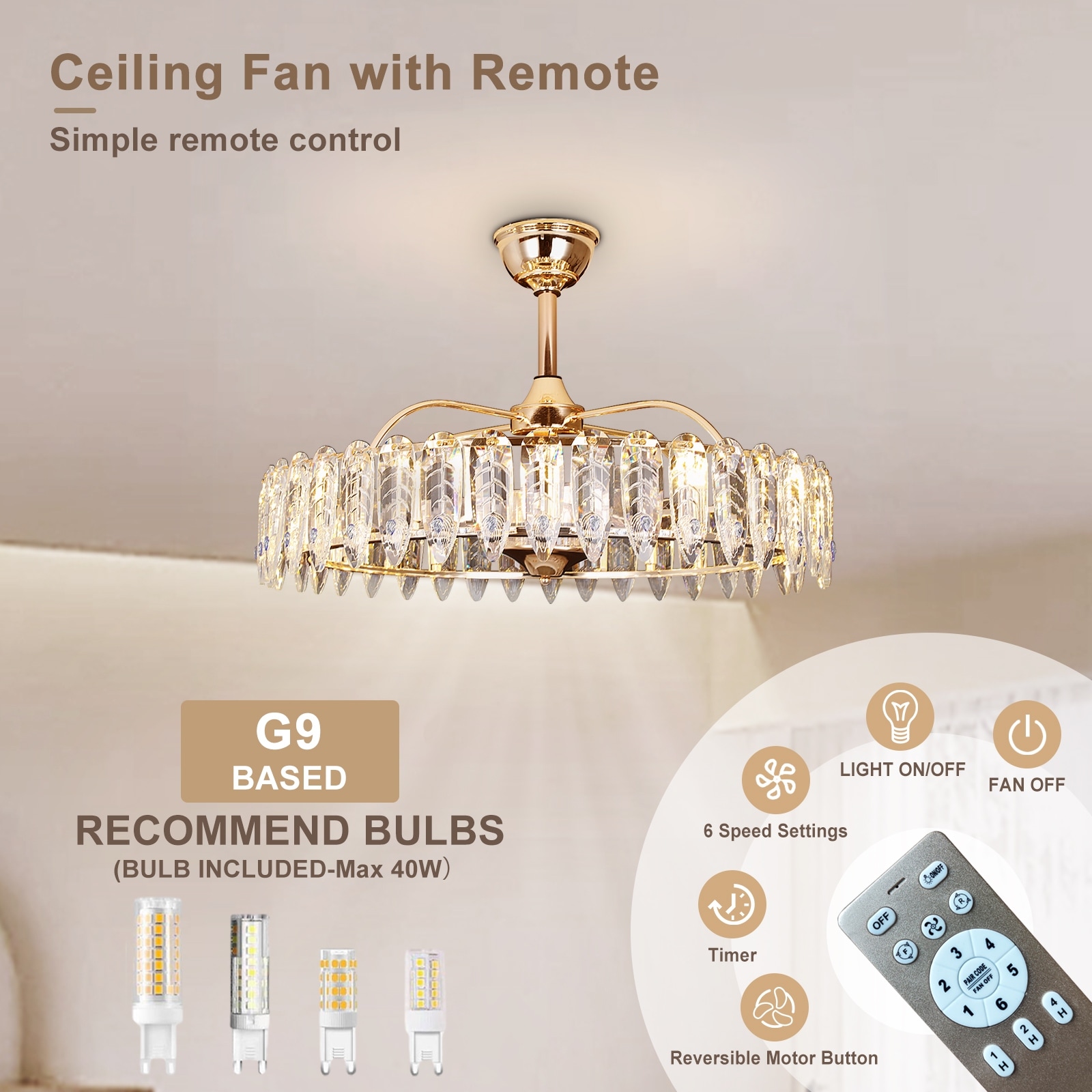 Gold Crystal Chandelier Ceiling Fan with Reversible Motor