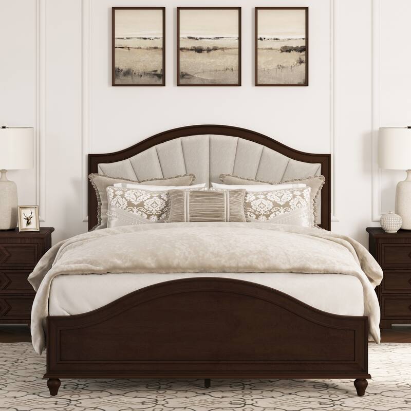 Modern Wooden Upholstered Platform Bed Frame Queen/King Size with Headboard - Dark Walnut/Queen - Queen