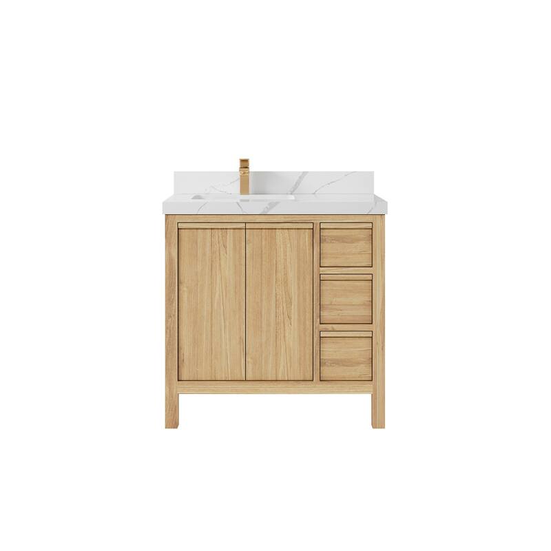 Willow Collections 36 in. W x 22 in. D Elizabeth Solid Teak Left Offset Sink Bathroom Vanity with Countertop - 2" Calacatta Laza - Light Natural Teak