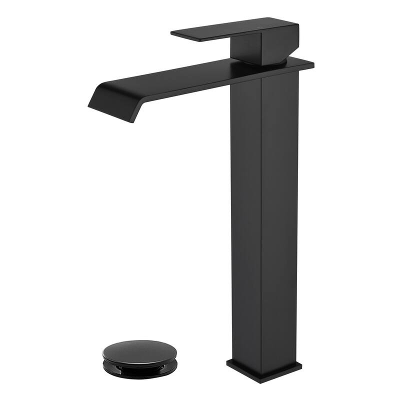 Waterfall Single Handle Bathroom Vessel Sink Faucet with Pop-up Drain 304 Stainless Steel 1 Hole High Tall Basin Vanity Faucets - Matte Black