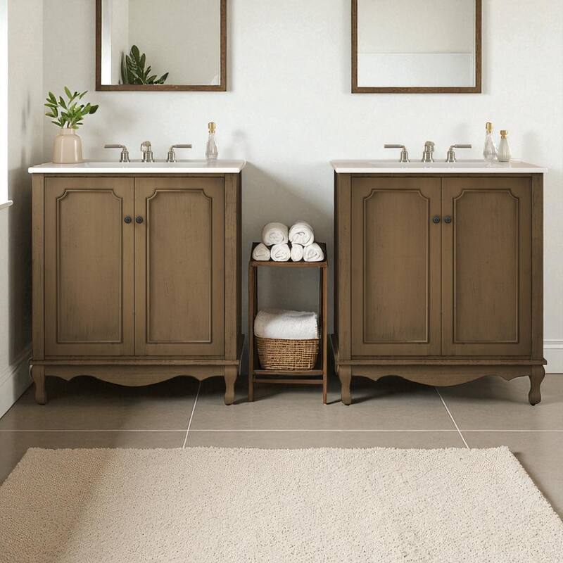 60" Double Sink Bathroom Vanity Set with Ceramic Sinks, Vintage Wood Storage Cabinet with Antique Knobs & Adjustable Shelves