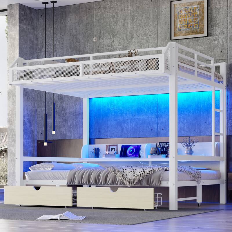Multifunctional Queen over Queen Bunk Bed with USB Ports, LED Lights, Storage Shelves and Drawers, Lower Bed Converted into Sofa