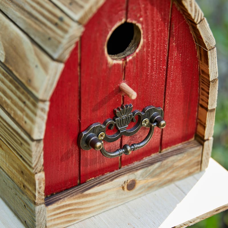 Glitzhome 8.5"H Washed Red Distressed Solid Wood Birdhouse