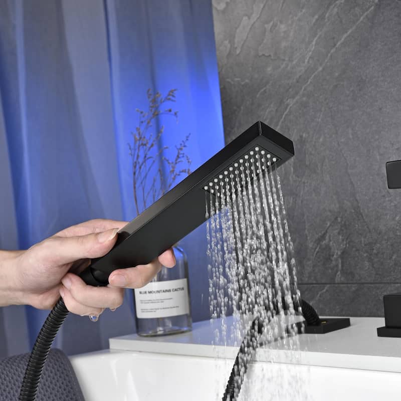 5 Hole Deck Mounted five-piece Bathtub Faucet with Pull-out Handheld Shower Head and Ceramic Valve in Matte Black