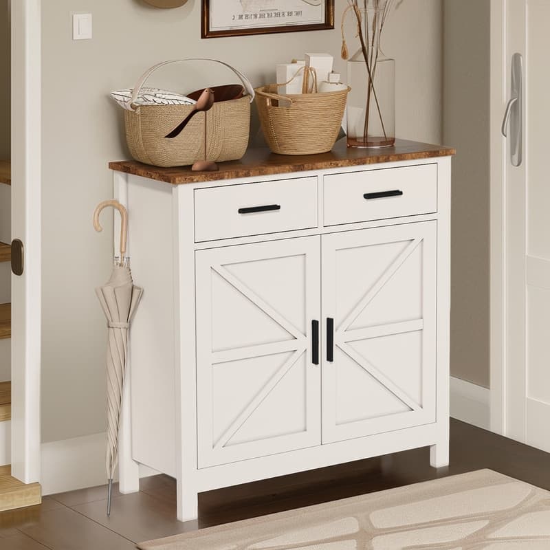 Modern Farmhouse Kitchen Storage Cabinet - Coffee Bar Sideboard with Doors & Drawers - White