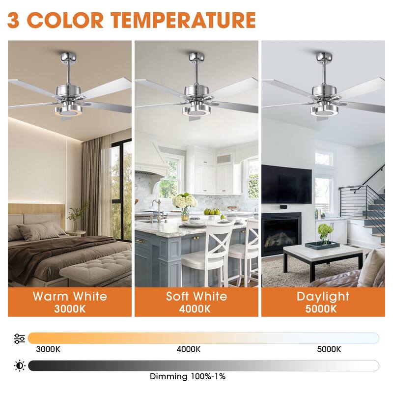 52" Chrome Modern Dimmable LED Indoor Ceiling Fan with Light and Remote