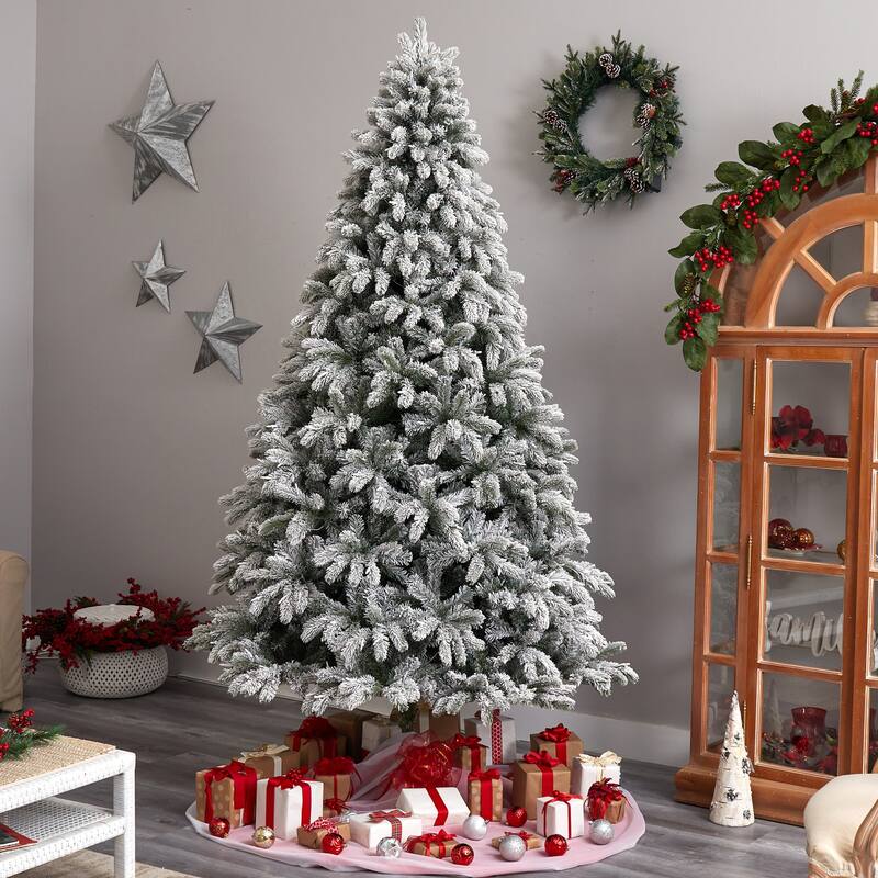 9ft Flocked Christmas Tree, Slim Pencil Artificial Tree with Lights, Holiday Decor - White - 108