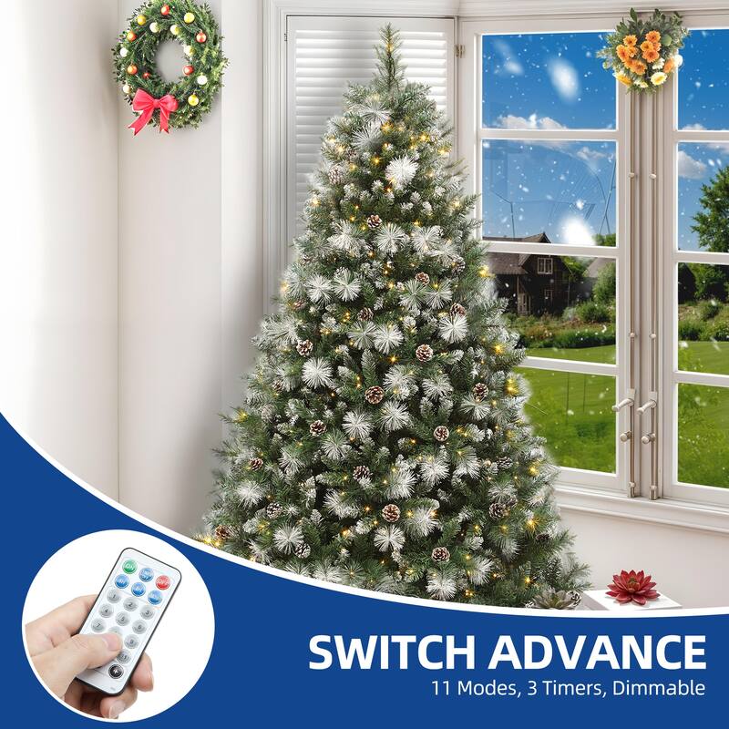 4.5/6ft Prelit & Pre-Decorated Scotch Pine Christmas Tree with Remote Control, Frosted Christmas Tree with Pine-Cones & Needles