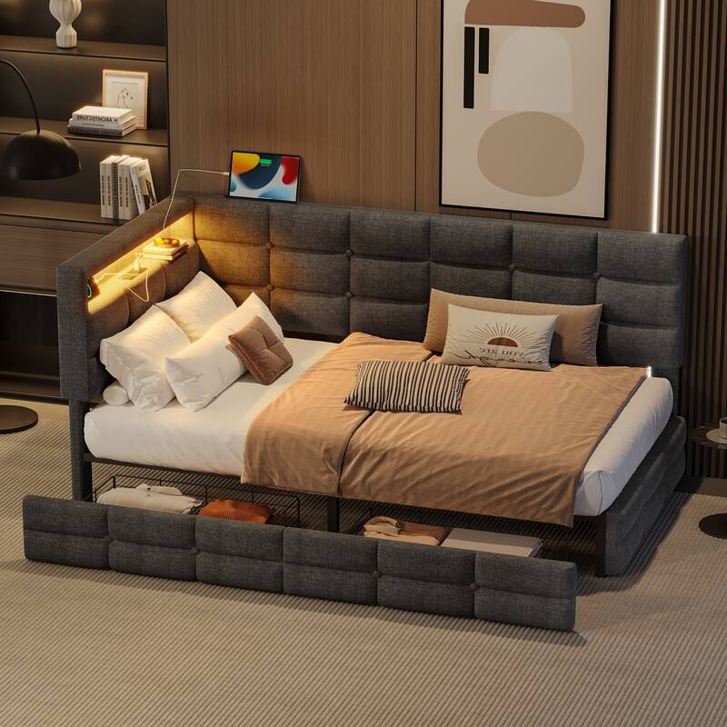 Daybed with 2 Drawers, Upholstered Daybed with Charging Station & LED Lights, Sofa Bed Frame with Storage Headboard - Grey