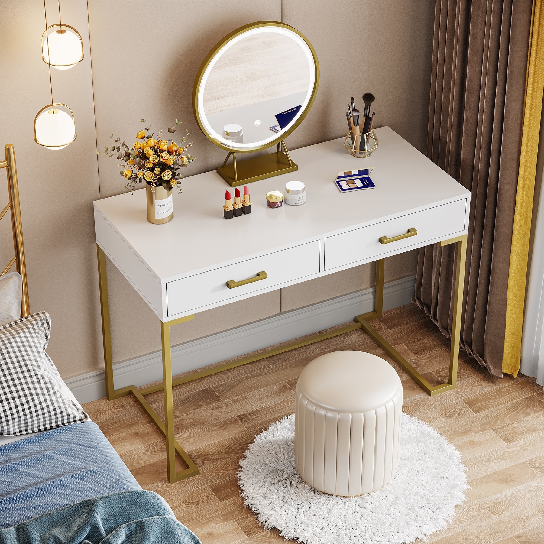 dressing table gold legs Vanity Desk with Removable Mirror and Cross Metal Legs, White and Gold