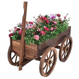 Costway Wood Wagon Flower Planter Pot Stand W/Wheels Home Garden