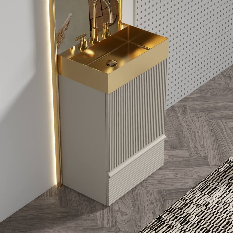 20" Striped Bathroom Vanity with Integrated Brushed Gold Stainless Steel Bathroom Sink, One-Piece Metal Basin without Faucet