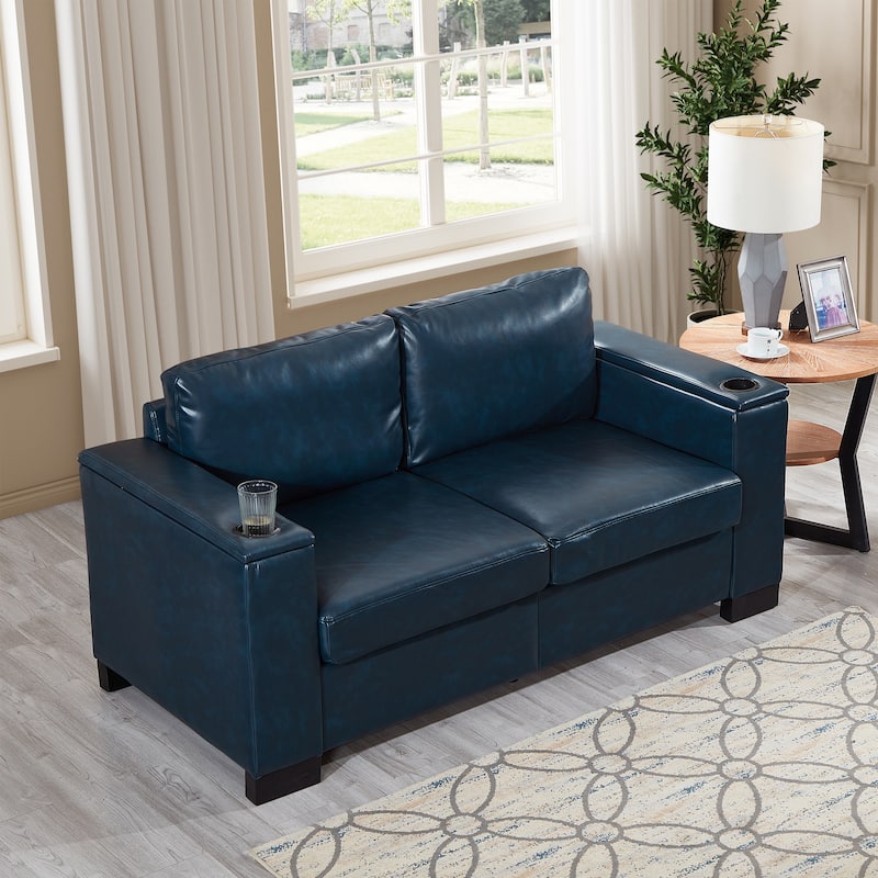 67.7" Modern Style Loveseat Faux Leather Couch,Square Arm Sofa With Cup Holder,Storage Sofa,Upholstered PU Leather