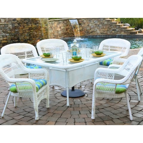 Portside Coastal White Resin Wicker 7-Piece Dining Set with Cushions