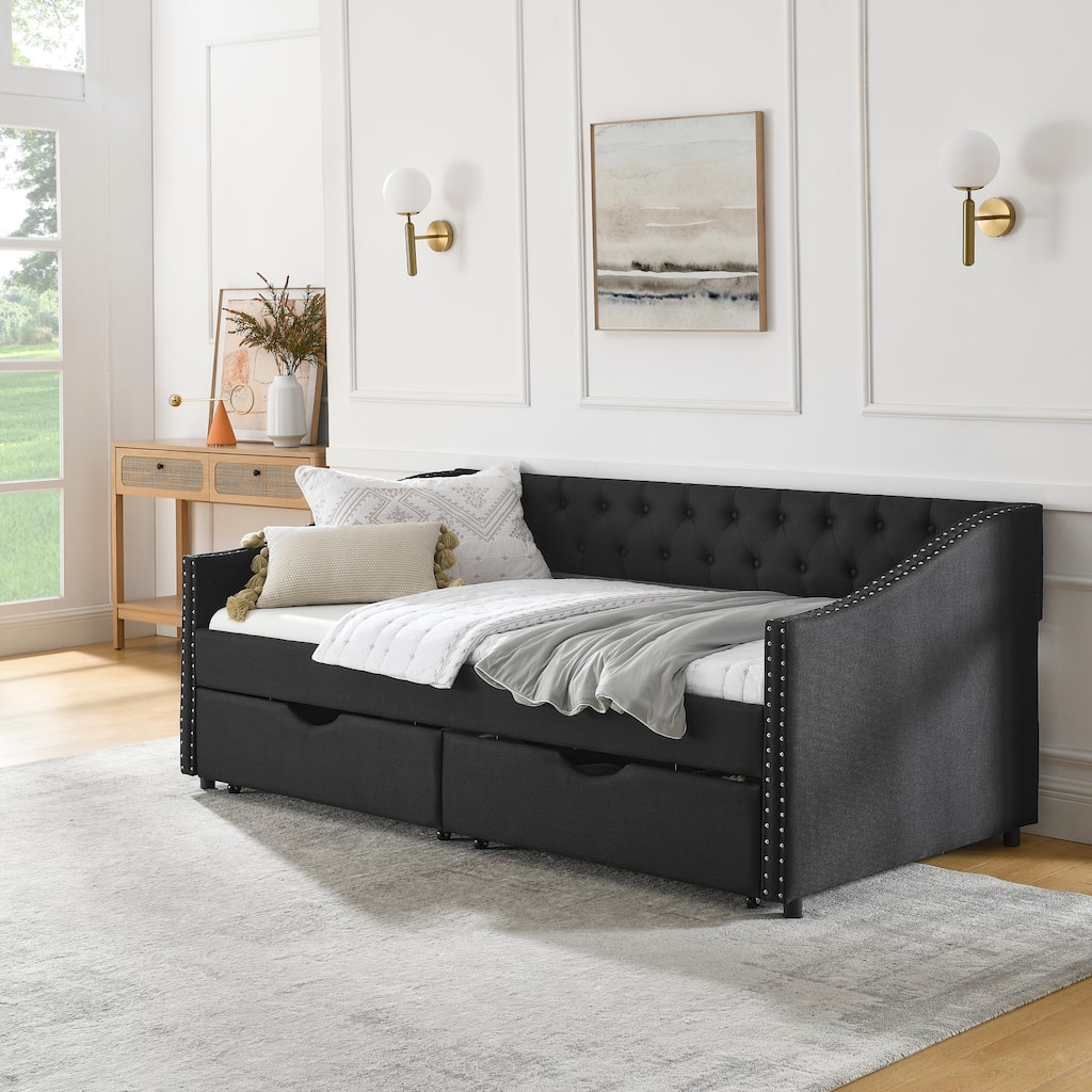 Tufted Button Daybed with 2 Storage Drawers/Upholstered Sofa Bed Frame w/Copper Nail on Waved Shape Armrests/No Spring Box Need