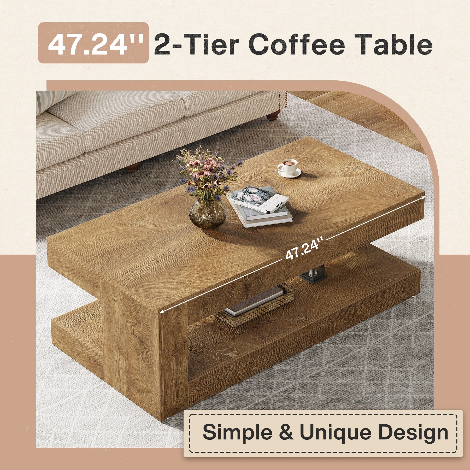 47-Inch Rectangular Coffee Table with Storage for Living Room