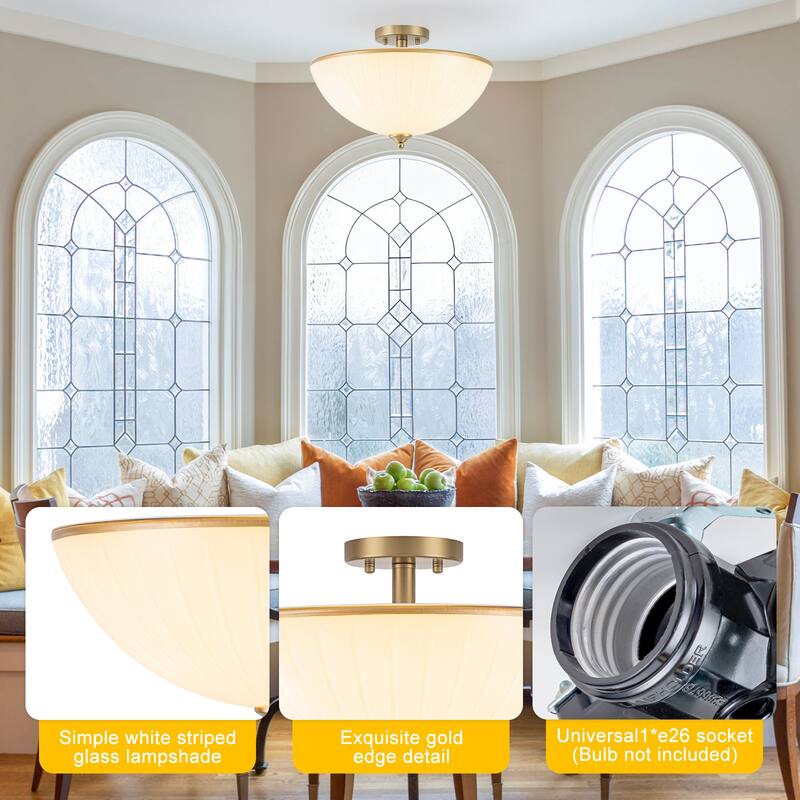 3-Light Bow-Shaped Semi-Flush Mount Ceiling Light White Glass Shade - Dia.15.55-in