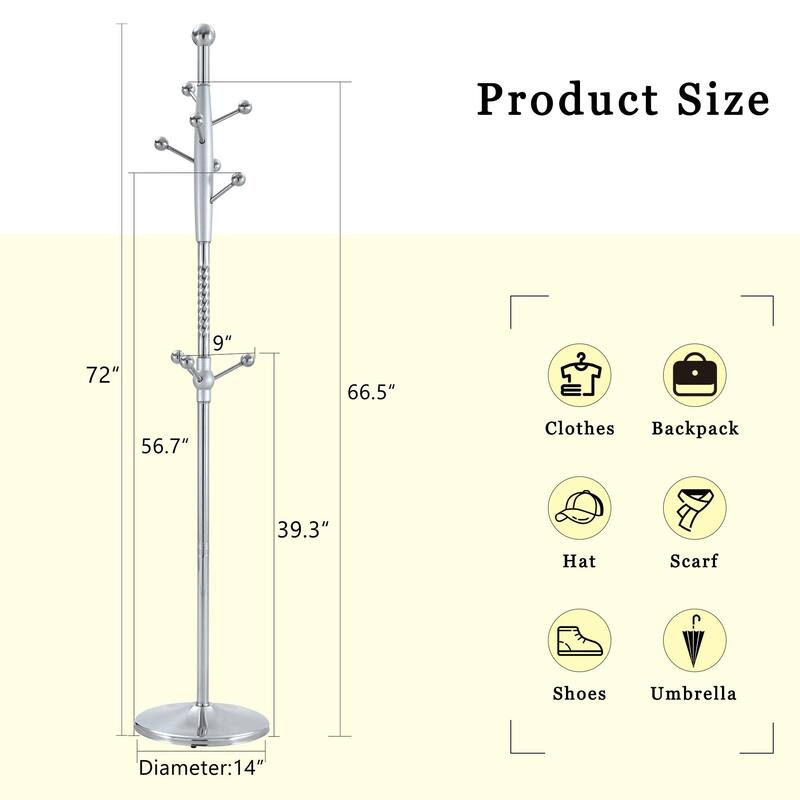 Roomfitters Tall Stainless Steel Coat Rack with Solid Wood Base, 72" Entryway Hanger with Detachable Stand
