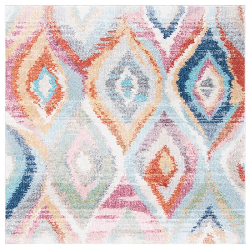 SAFAVIEH Phoenix Akari Boho Distressed Rug - 6'7" Square - Light Blue/Pink