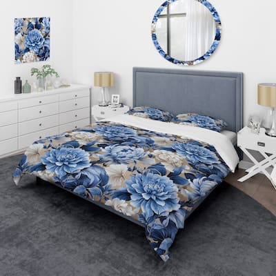 Designart "Cobalt Blue Brocade Victorian Pattern III" Cottage Bedding Cover Set With 2 Shams