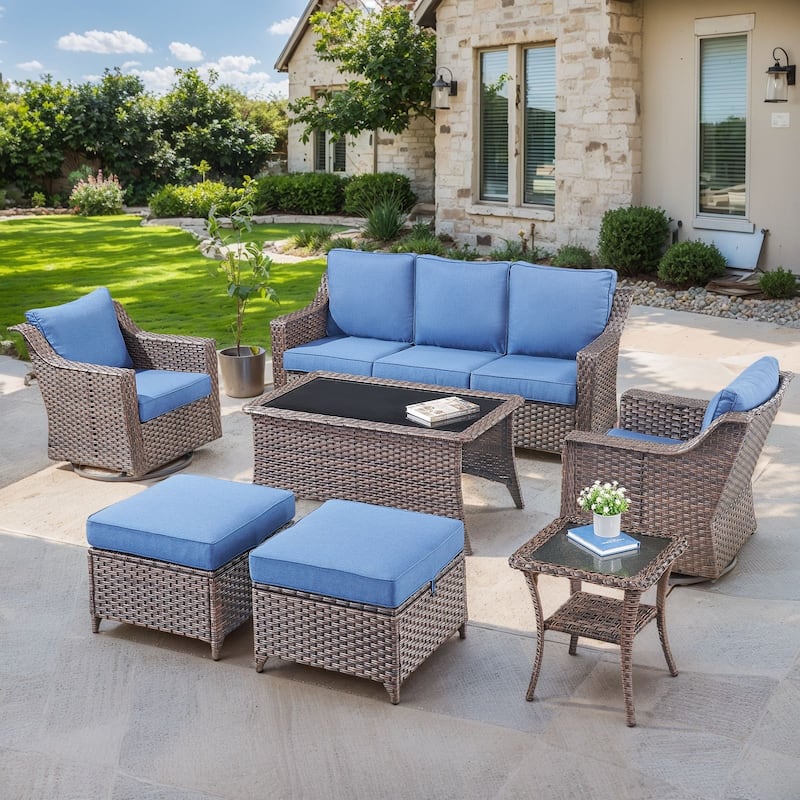 7PCS Swivel Sofa Chairs with Ottoman, Coffee Table - Brown - Blue - Brown