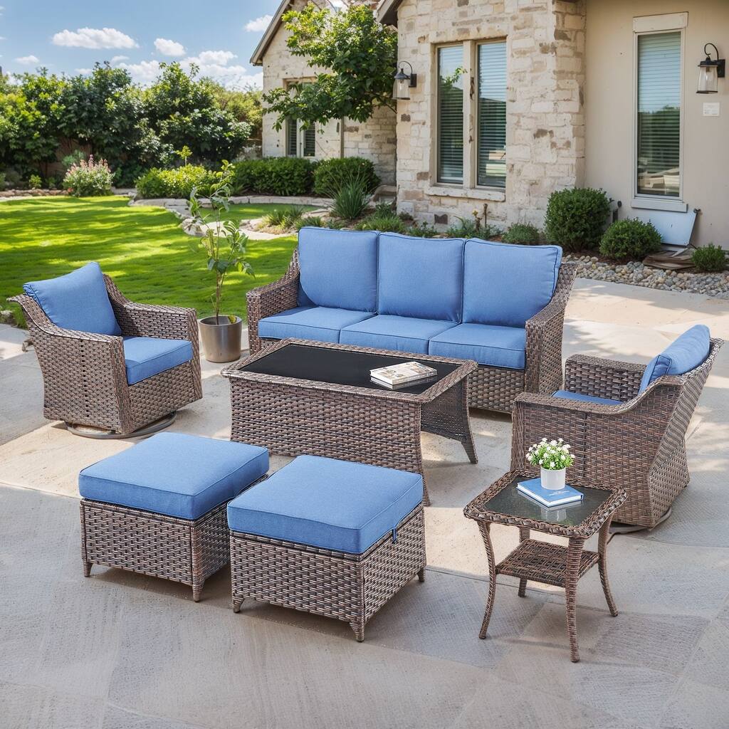 7PCS Swivel Sofa Chairs with Ottoman, Coffee Table - Brown