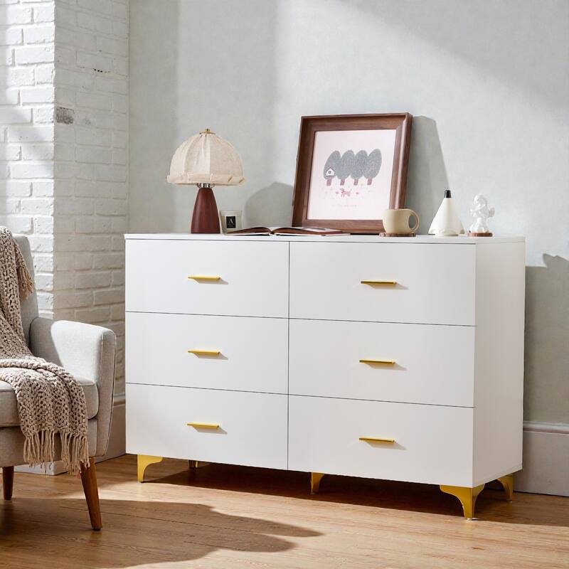 White Modern 6-Drawer Dresser with Gold Handles and Triangle Legs, Minimalist Storage Cabinet for Bedroom or Living Room