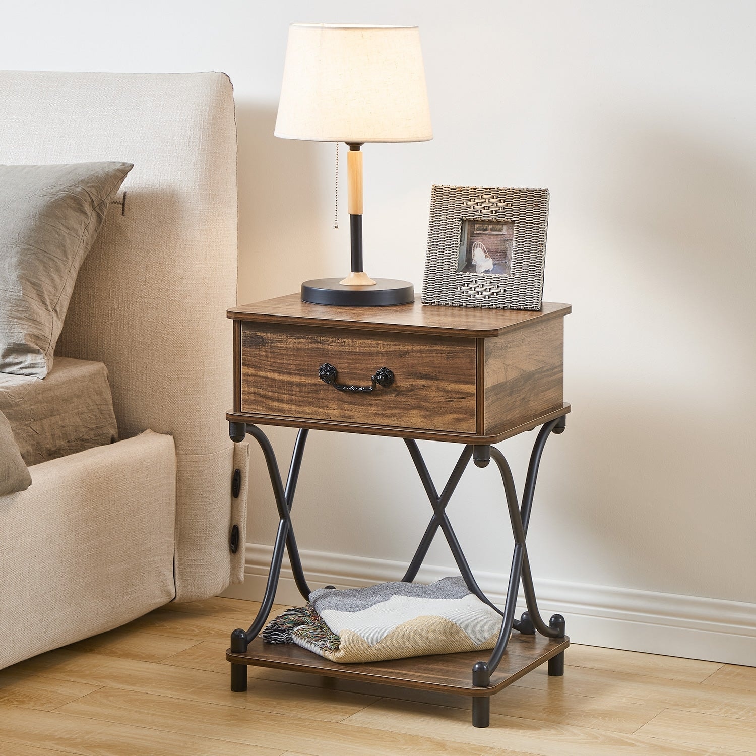 Modern X-Design Nightstand with 1 Drawer & Storage Shelf-image