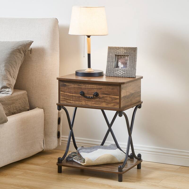 Modern 1-Drawer Nightstand with Storage Shelf, X-design End Side Table, Set of 2