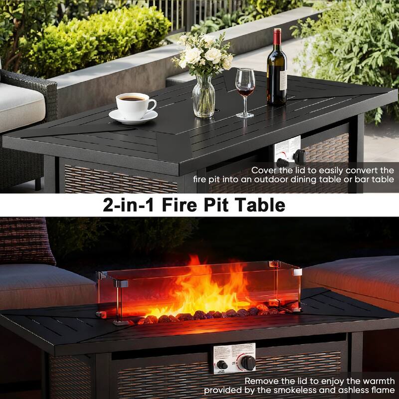 Meyreso Wicker Outdoor Patio Metal Fire Pit Set with Swivel Gliders & 4.5" Olefin Cushions