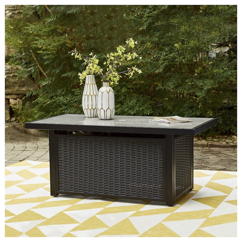 Beachcroft Outdoor Rectangular Fire Pit Table - 58" W x 30" D x 25.13" H - Black/Light Gray