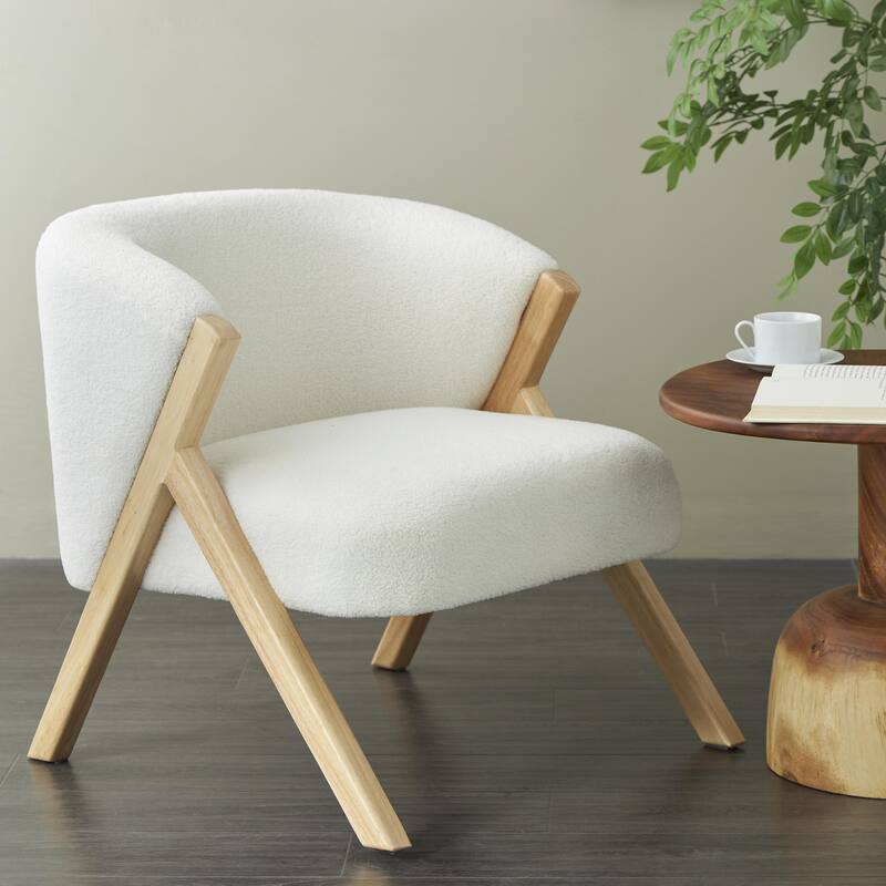 White Polyester Rounded Boucle Living Room Accent Chair with Angled Wooden Legs - White