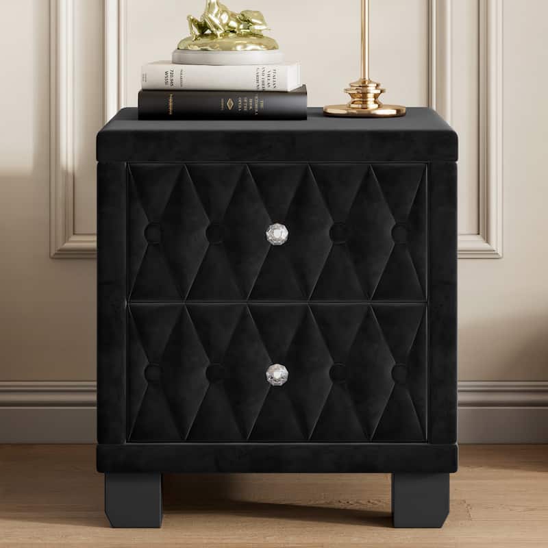 Velvet Nightstand with Crystal Handles, 2-Drawer Storage Bedside Table, Button-Tufted Design