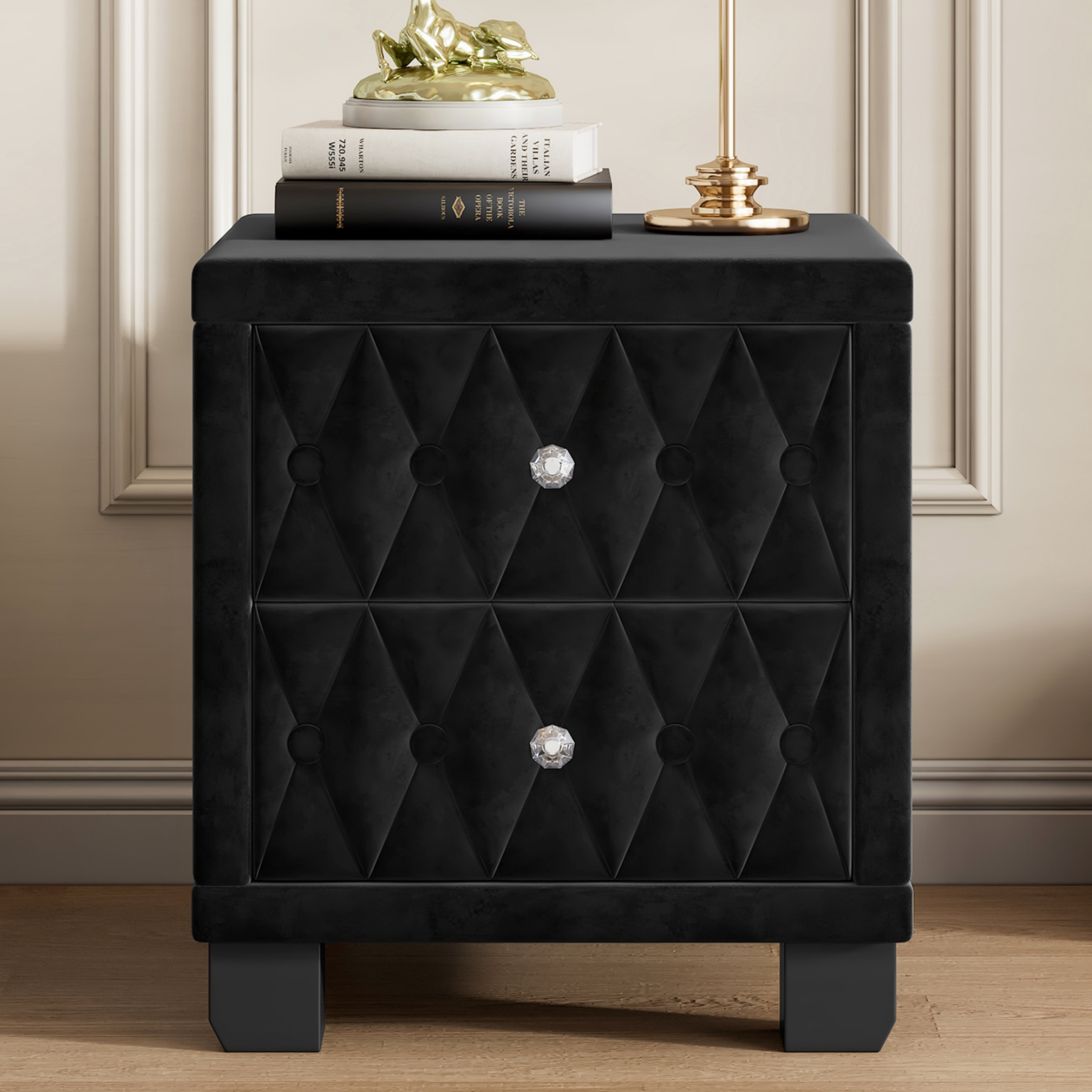 Velvet Upholstered Nightstand, Button-Tufted Storage Side Table, Wood Nightstand with 2 Drawers & Crystal Handle
