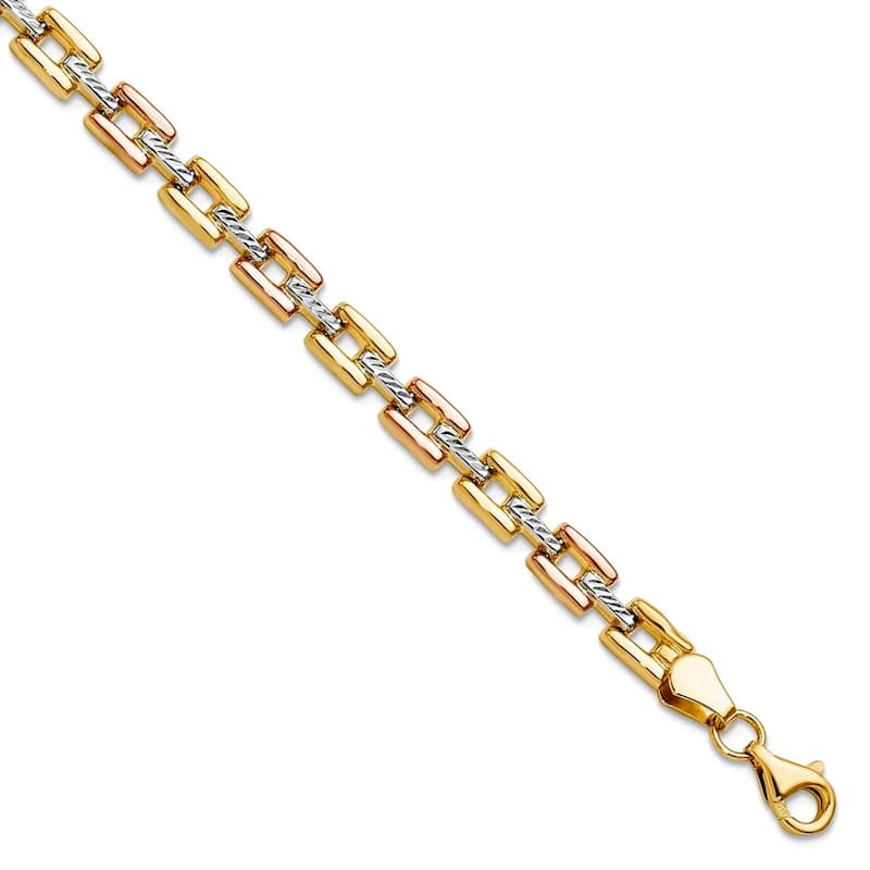 Curata 14k Tri-color Gold 7.25" 5mm Square Tracks Fancy Stampato Bracelet