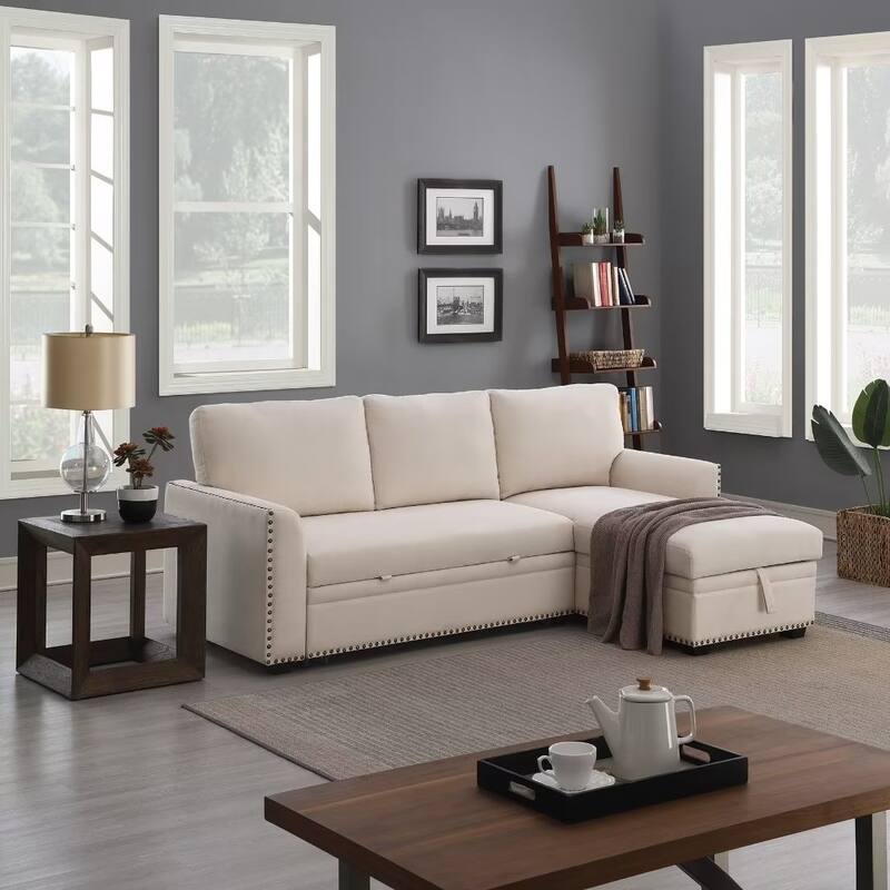 Morden Fort Reversible L-Shaped Sofa Bed with Storage - Velvet Upholstery, Button Tufting, and Nailhead Trim