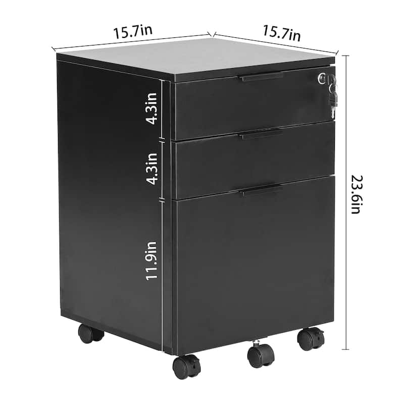 JJS 3 Drawer Rolling File Cabinet Wooden Storage with Lock & Wheels