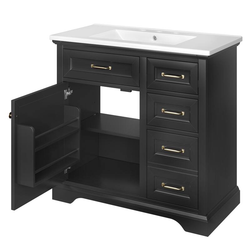 Roomfitters 36" Bathroom Vanity with Integrated Ceramic Sink, 2 Tip-out Drawers, Adjustable Shelving & Soft-Close Hinges, Black