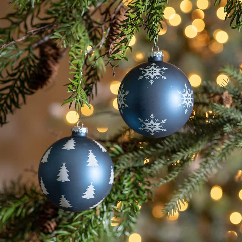 Set of 6 Glass Holiday Ornaments for Christmas Tree with Silver String - 4" x 4" x 5"