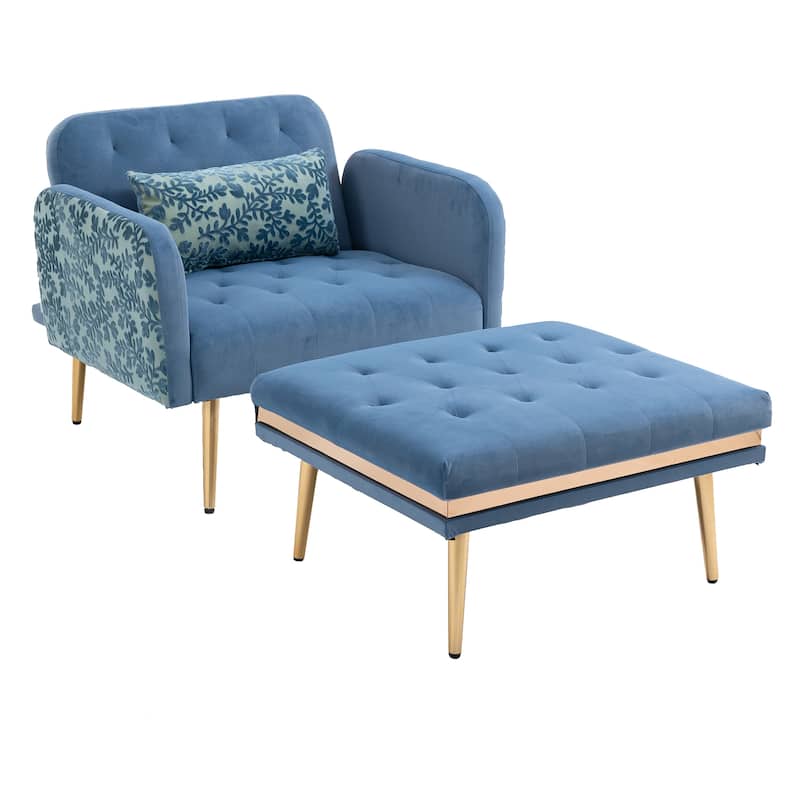Velvet Upholstered Tufted Living Room Sleeper Chair With Ottoman