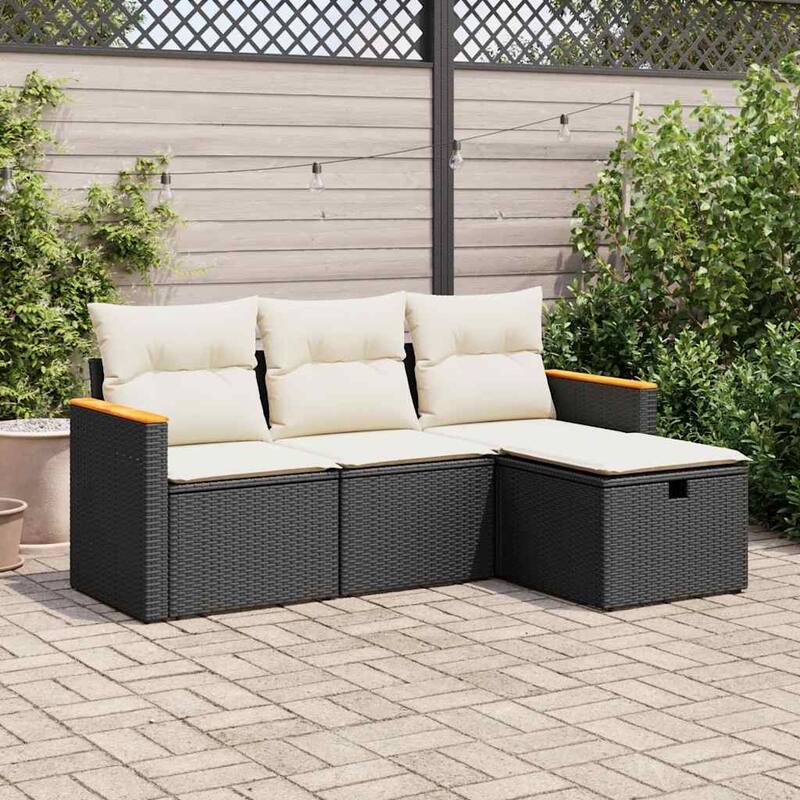 vidaXL Patio Sofa Set with Cushions Outdoor Furniture 4 Piece Poly Rattan - Black and cream with storage - 21.7 x 21.7 x 14.6 in