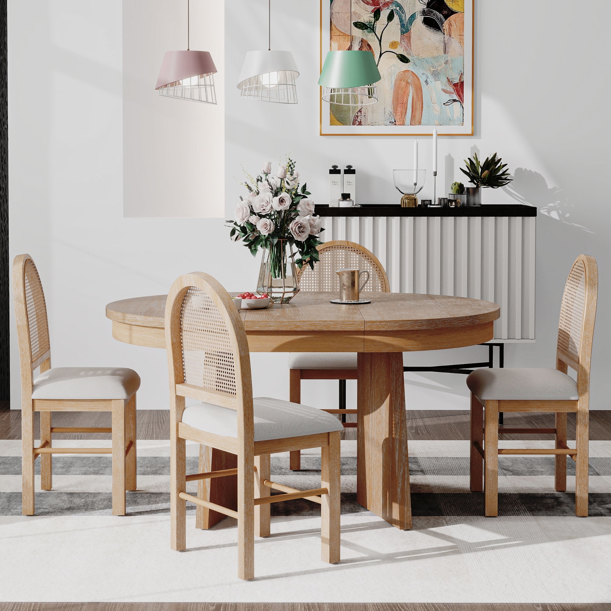 5-Piece Extendable Round Dining Table Set with Upholstered Chairs, Rattan Backrests Table with Adjustable Tabletop